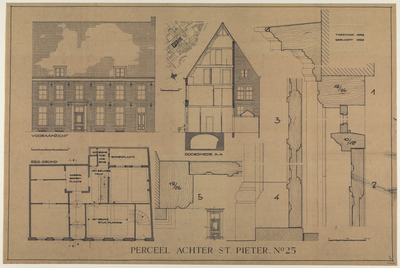 217644 Aanzicht, doorsnede, plattegrond en details van het pand Achter St. Pieter 25 te Utrecht.